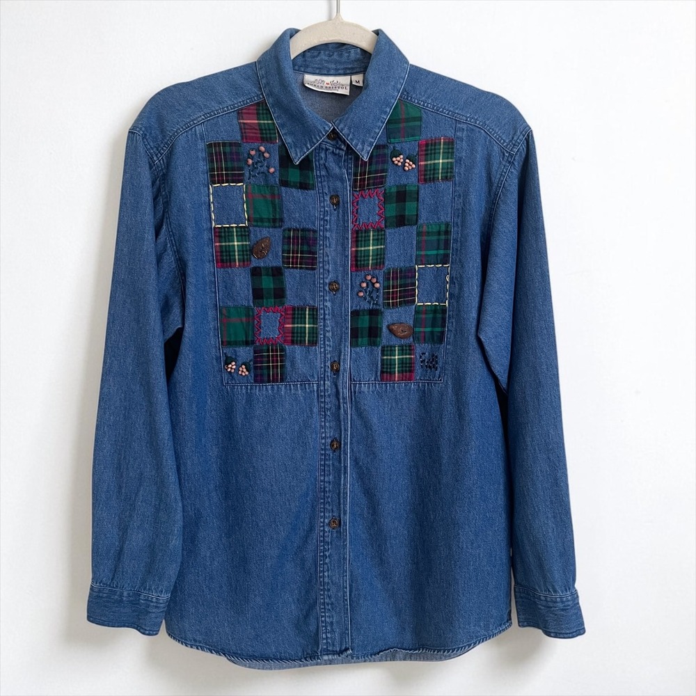 Vintage Susan Bristol Denim Shirt Women's Medium Blue Cotton Patchwork 90s Fall